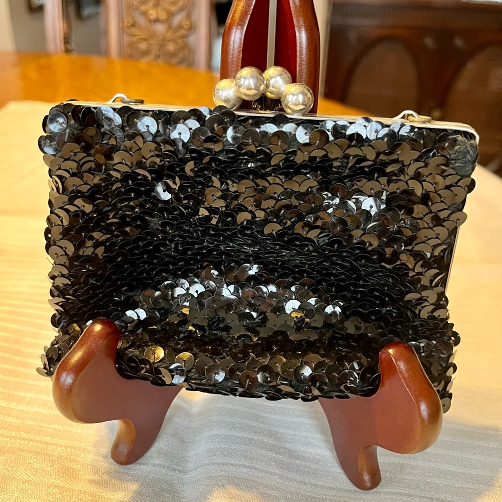 Vintage Clutch Purse Black Sequin-Excellent